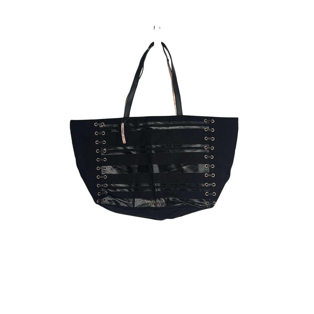 Victoria's Secret Black Tote Bag Purse‎ Metallic Stripe Goth Eyelet